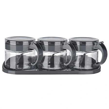 Buffer® Gri  3lü Standlı Kapaklı Kaşıklı Cam Hava Sızdırmaz Baharatlık Takımı Kc-386
