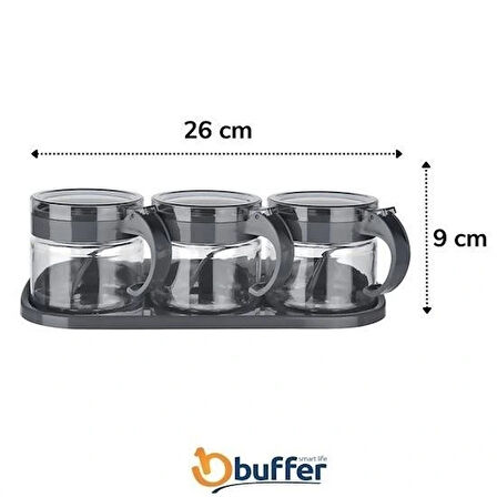 Buffer® Gri  3lü Standlı Kapaklı Kaşıklı Cam Hava Sızdırmaz Baharatlık Takımı Kc-386