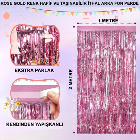 Leyloş Ekstra Metalize Parlak Saçaklı Arka Fon Perde Rose Gold