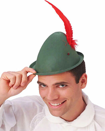 Leyloş Peter Pan Şapkası Yeşil Renk Kırmızı Tüylü
