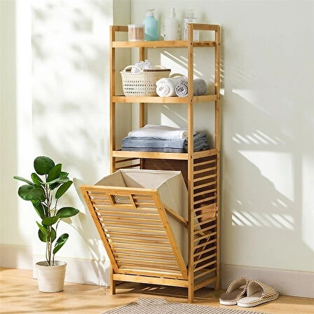 Leyloş 3 Organizer Raflı Ahşap Bambu Çek-aç Kirli Sepeti