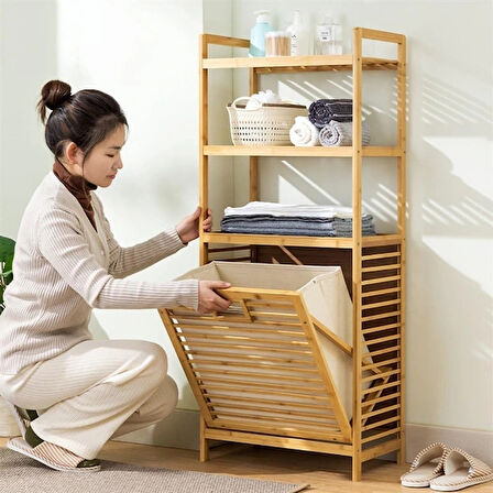 Leyloş 3 Organizer Raflı Ahşap Bambu Çek-aç Kirli Sepeti