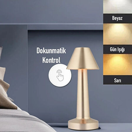 Buffer® Çatı Model Gold Renk Şarjlı Dokunmatik 3 Renkli Led Masa Lambası