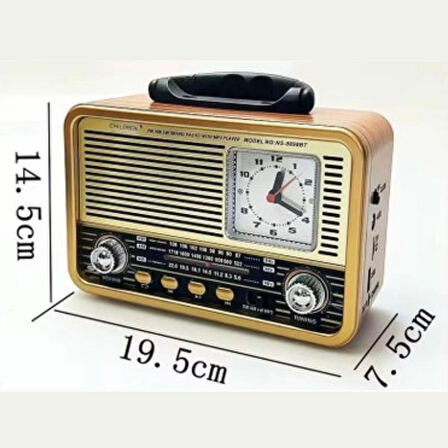 Buffer® Orta Boy Saat Göstergeli Retro Ahşap Tasarım Bluetooth Hoparlörlü Radyo – Fm/am Destekli, Şarjlı Ve Taşınabilir Radyo Ns-8898