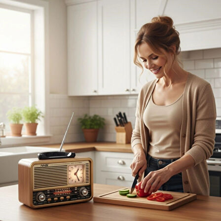 Buffer® Orta Boy Saat Göstergeli Retro Ahşap Tasarım Bluetooth Hoparlörlü Radyo – Fm/am Destekli, Şarjlı Ve Taşınabilir Radyo Ns-8898