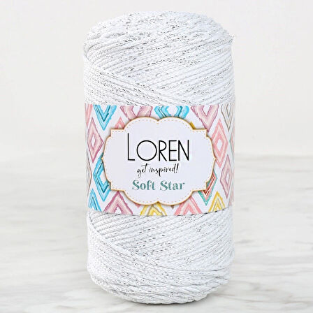 Loren Soft Star Makrome İpi Gümüş Simli Beyaz Rm10