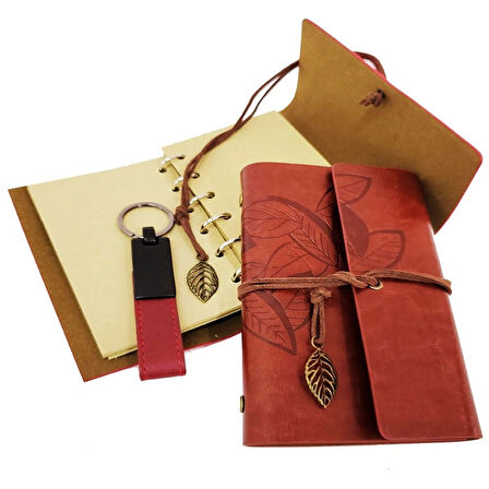 Leyloş Özel Ahşap Kutulu Kiremit Rengi Deri Defter Ve Anahtarlık Set