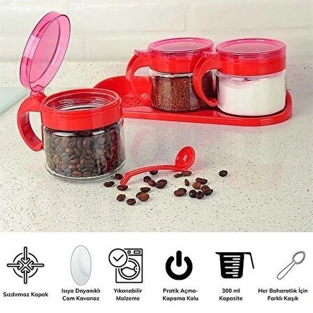Buffer®  Kırmızı 3lü Standlı Kapaklı Kaşıklı Cam Hava Sızdırmaz Baharatlık Takımı  Kc-386