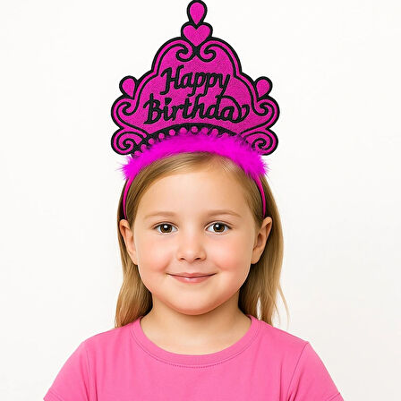 Leyloş Fuşya Happy Birthday Doğum Günü Prenses Tacı