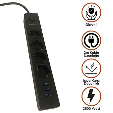Buffer® Termak Akım Korumalı 4 Priz 3 Usb Girişli Uzatma Kablosu Güç&şarj