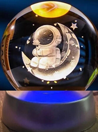 Leyloş Ay Üstünde Astronot Tasarımlı Plastik Altlıklı Işıklı Cam Küre