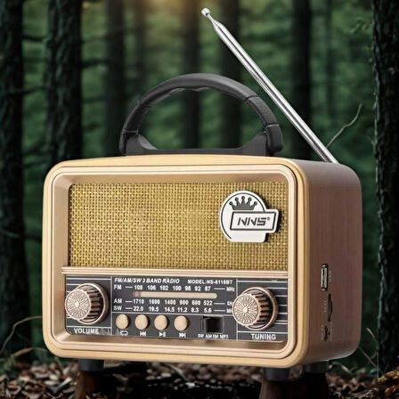 Buffer® Orta  Boy Retro, Nostaljik, Ahşap Tasarım Bluetooth Hoparlörlü, Şarjlı, Taşınabilir Fm/am Destekli Radyo Ns-8110