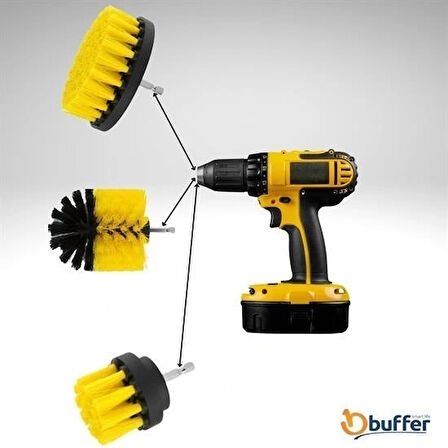 Buffer® 3lü Matkap Ucu Banyo Küvet Duşakabin Araba Tekerliği Koltuk Yıkama Temizleme Fırçası Seti