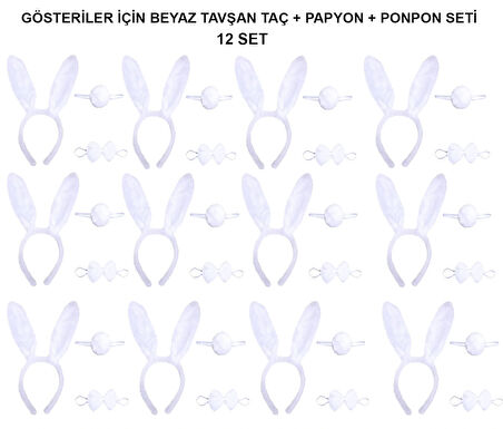 Leyloş Beyaz Tavşan Kostüm Seti – Taç, Papyon, Kuyruk (12’li Paket)