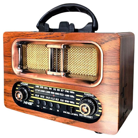 Buffer® Büyük Boy Retro, Nostaljik, Ahşap Tasarım Bluetooth Hoparlörlü, Şarjlı, Taşınabilir Fm/am Destekli Radyo Ns-6635