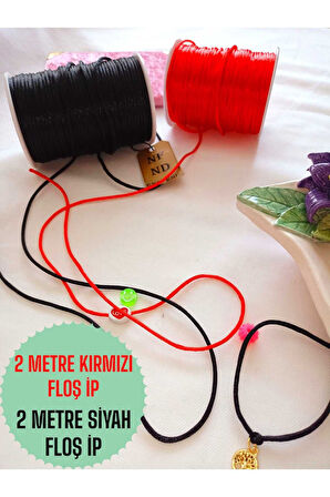 4 METRE(TOPLAM) FLOŞ İP SIÇAN KUYRUĞU KALINLIĞI 2mm KIRMIZI SİYAH BİLEKLİK TAKI HEDİYELİK İPİ