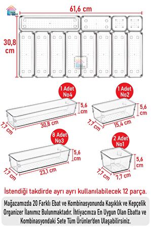 12'li Set Modüler Kaşıklık Mutfak Çekmece Içi Kaşıklık Modüler Şeffaf Drawer Organizer