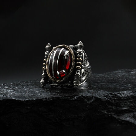 Gümüş Çizgili Kırmızı Gümüş Yüzük