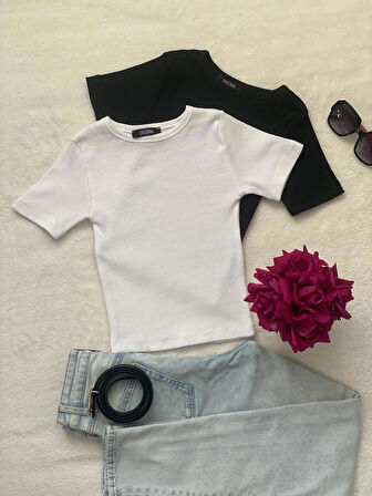 Wearflawless Kadın 2 Li Adet Fitilli Pamuklu Bisiklet Yaka Örme Kaşkorse Crop T-shirt