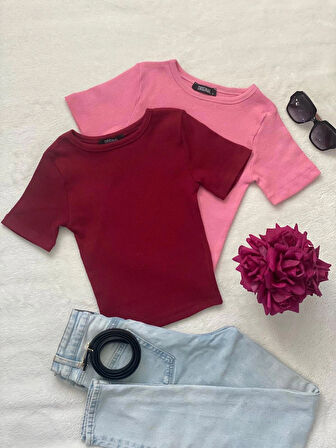 Wearflawless Kadın 2 Li Adet Fitilli Pamuklu Bisiklet Yaka Örme Kaşkorse Crop T-shirt
