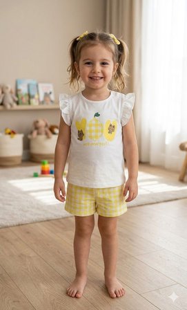 Nazarbebe Kedili Pitikare Gofre Kumaş Şortlu Kız Takım 3-6 Yaş 26582