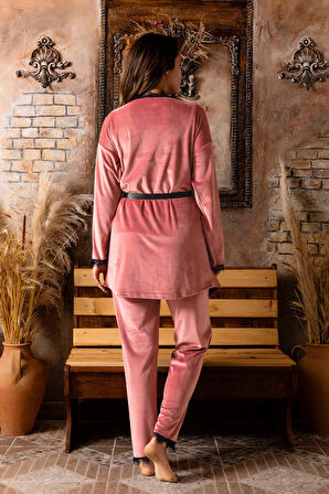 Nisanca Kışlık Sabahlıklı Kadın Kadife Pijama Takımı- 3 Parça Çeyizlik Kadife Set