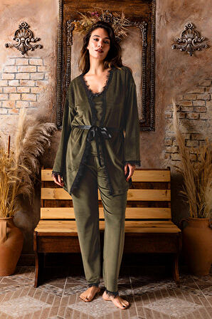 Nisanca Kışlık Sabahlıklı Kadın Kadife Pijama Takımı- 3 Parça Çeyizlik Kadife Set