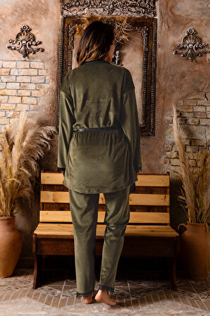 Nisanca Kışlık Sabahlıklı Kadın Kadife Pijama Takımı- 3 Parça Çeyizlik Kadife Set