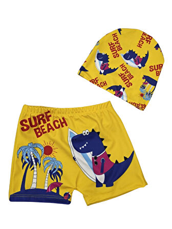 Shark Desen Erkek Çocuk Şort ve Bone Mayo Takımı - Sarı
