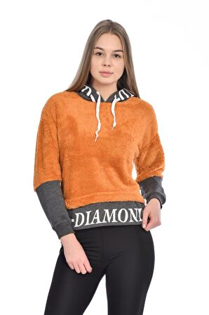 Kapüşonlu Baskılı Uzun Kollu Hardal Peluş Kadın Sweatshirt