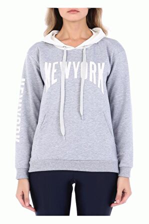 Kapüşonlu Kol ve Göğüs Baskılı Gri Kadın Sweatshirt