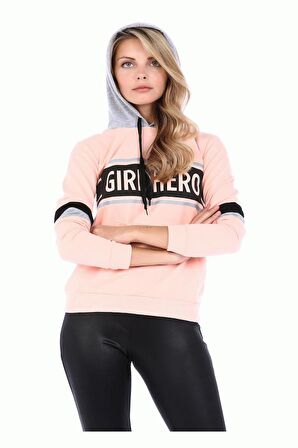 Gri Kapüşonlu Baskılı Kollu Pudra Kadın Sweatshirt