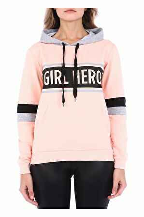 Gri Kapüşonlu Baskılı Kollu Pudra Kadın Sweatshirt