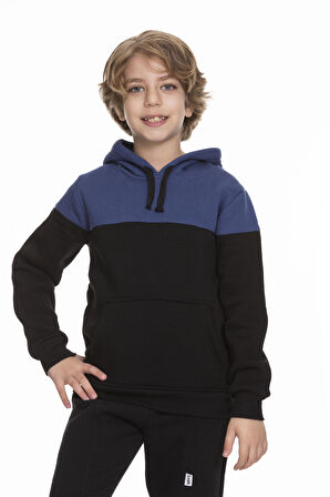 İçi Polarlı Kapüşonlu Cepli Unisex Çocuk Sweatshirt Indigo