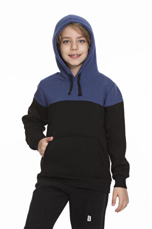 İçi Polarlı Kapüşonlu Cepli Unisex Çocuk Sweatshirt Indigo