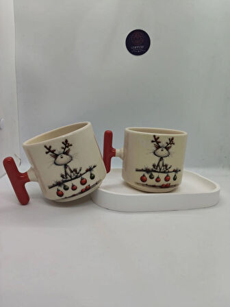 Kırmızı Saplı, Sevimli Yılbaşı Desenli 150 ML Seramik Kupa (2 ADET)