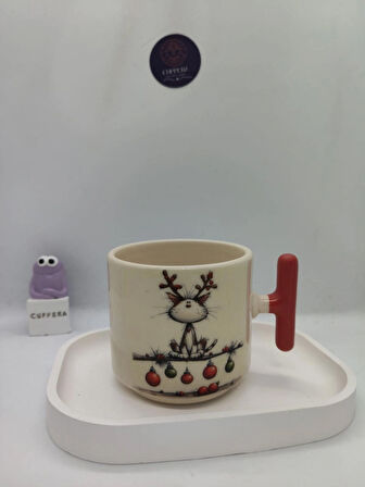 Kırmızı Saplı, Sevimli Yılbaşı Desenli 150 ML Seramik Kupa (2 ADET)