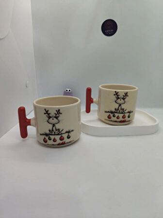 Kırmızı Saplı, Sevimli Yılbaşı Desenli 150 ML Seramik Kupa (2 ADET)
