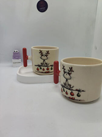 Kırmızı Saplı, Sevimli Yılbaşı Desenli 150 ML Seramik Kupa (2 ADET)