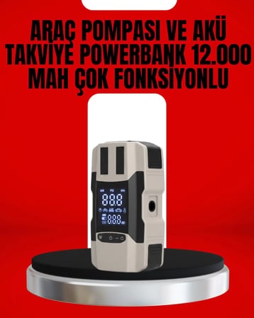 Dijital Ekranlı Araç Pompası Akü Takviye Powerbank 12.000 Mah