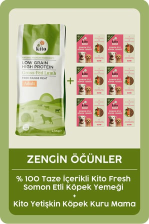 Kito Kuzu Etli Yetişkin Köpek Maması 2,5 Kg + 6 Adet Kito Fresh Somon Etli %100 Taze İçerikli Mama