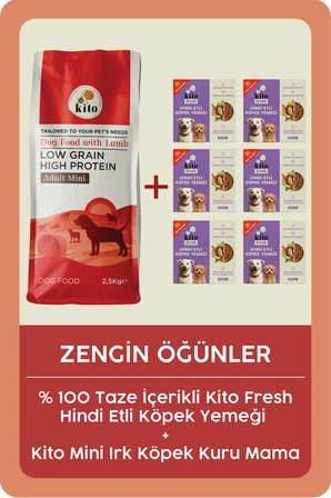 Kito Kuzu Etli Yetişkin Mini Irk Köpek Maması 2,5 KG + 6 Adet Kito Fresh Hindi Etli %100 Taze İçerikli Mama
