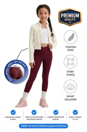 Kız çocuk Cepli Kruvaze Kemer Yüksek Bel, Günlük, Koşu, Yürüyüş, Yoga, Spor, Egzersiz, Fitness Tayt — Bordo