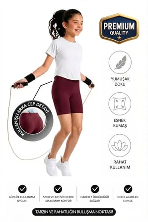 Kız çocuk Cepli Yüksek Bel Biker Günlük Koşu Yürüyüş Yoga Spor Voleybol Egzersiz Fitness Kısa Tayt — Bordo