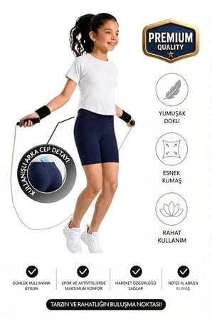 Kız çocuk Cepli Yüksek Bel Biker Günlük Koşu Yürüyüş Yoga Spor Voleybol Egzersiz Fitness Kısa Tayt — Lacivert