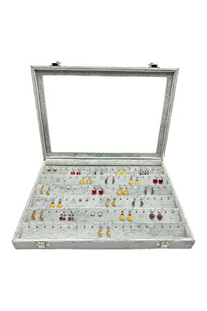 Küpe Kutusu Camlı Organizer Gri Alfora Kumaş