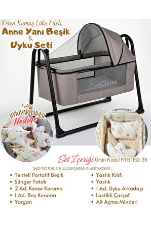 45x85 Keten Portatif Beşik ve Uyku Seti - Anne Yanı Sallanır Tenteli Bebek Beşiği