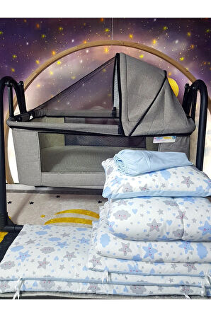 45x85 Keten Portatif Beşik ve Uyku Seti - Tenteli Sallanır Anne Yanı Beşik