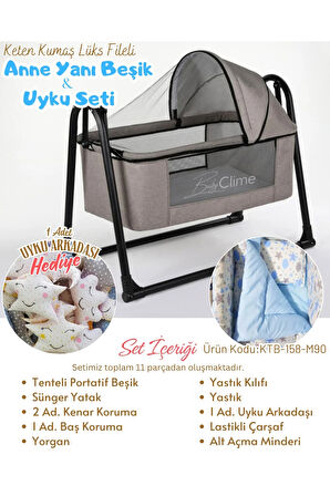 45x85 Keten Portatif Beşik ve Uyku Seti - Tenteli Sallanır Anne Yanı Beşik