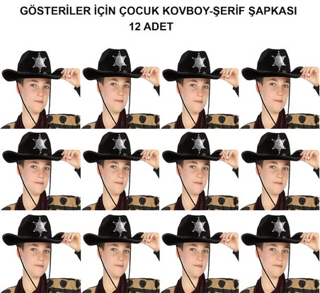 Kovboy Şerif Şapkası Siyah 12 Adet - Kostüm, Parti ve Gösteri Şapkası